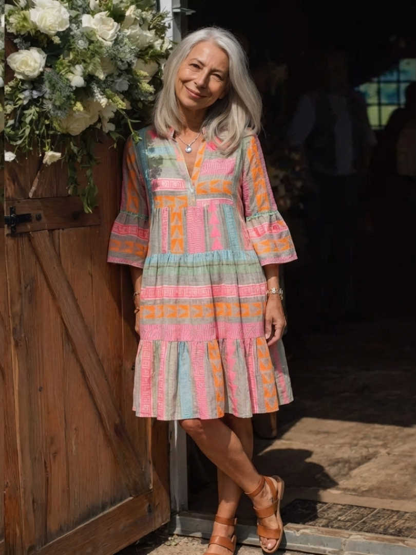 Maelle | Geometric Print V-Neck Knee-Length Dress