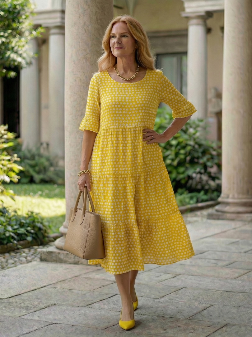 Arlo | Rochie Midi Cu Puncte, Stratificată, Mâneci Scurte