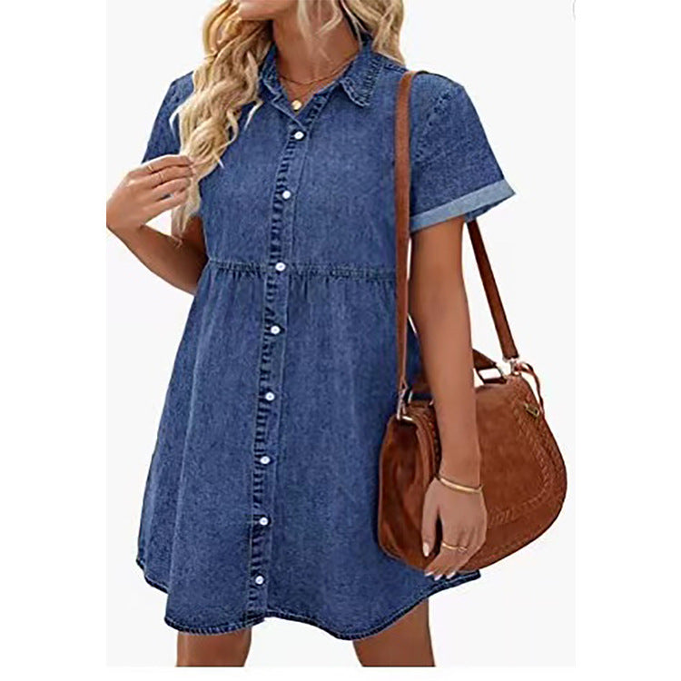 European And American Washed Denim Lapel Ruffled Dress