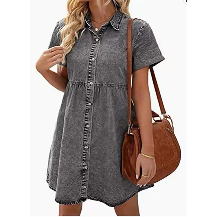 European And American Washed Denim Lapel Ruffled Dress