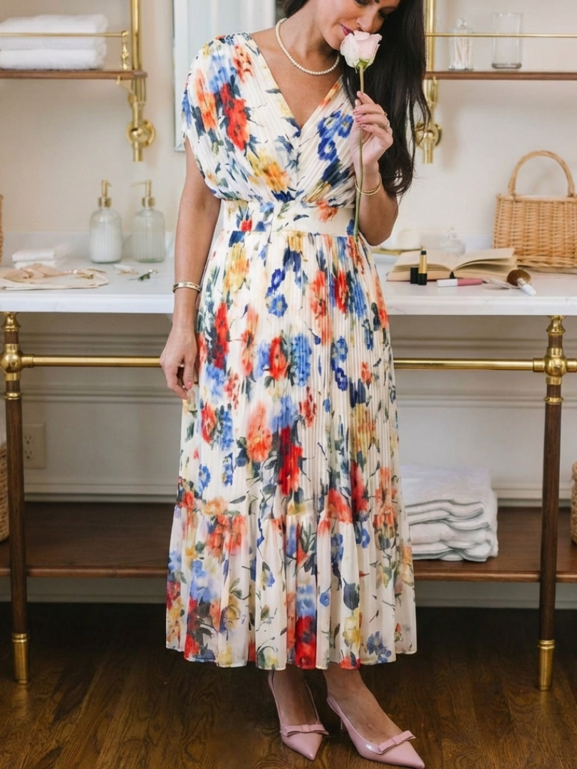 Savannah | Floral Pleated Short Sleeve Midi Dress