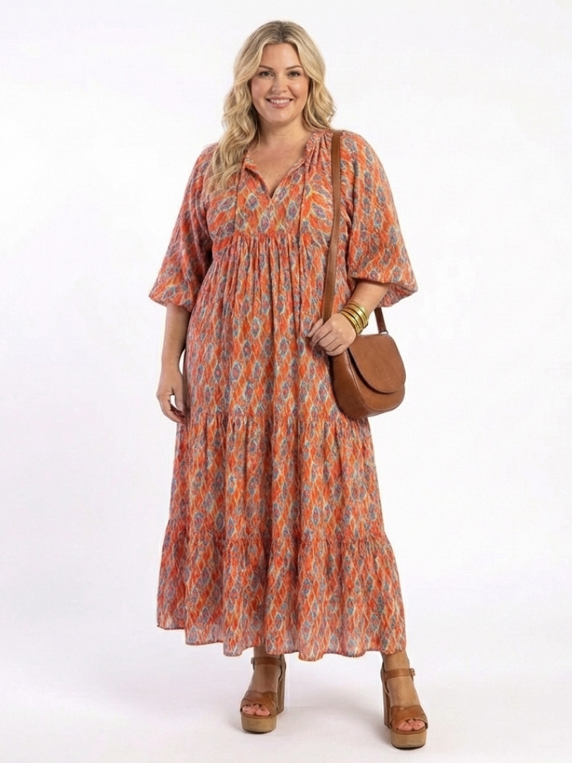 Amara | Geometric Print V-Neck Midi Dress