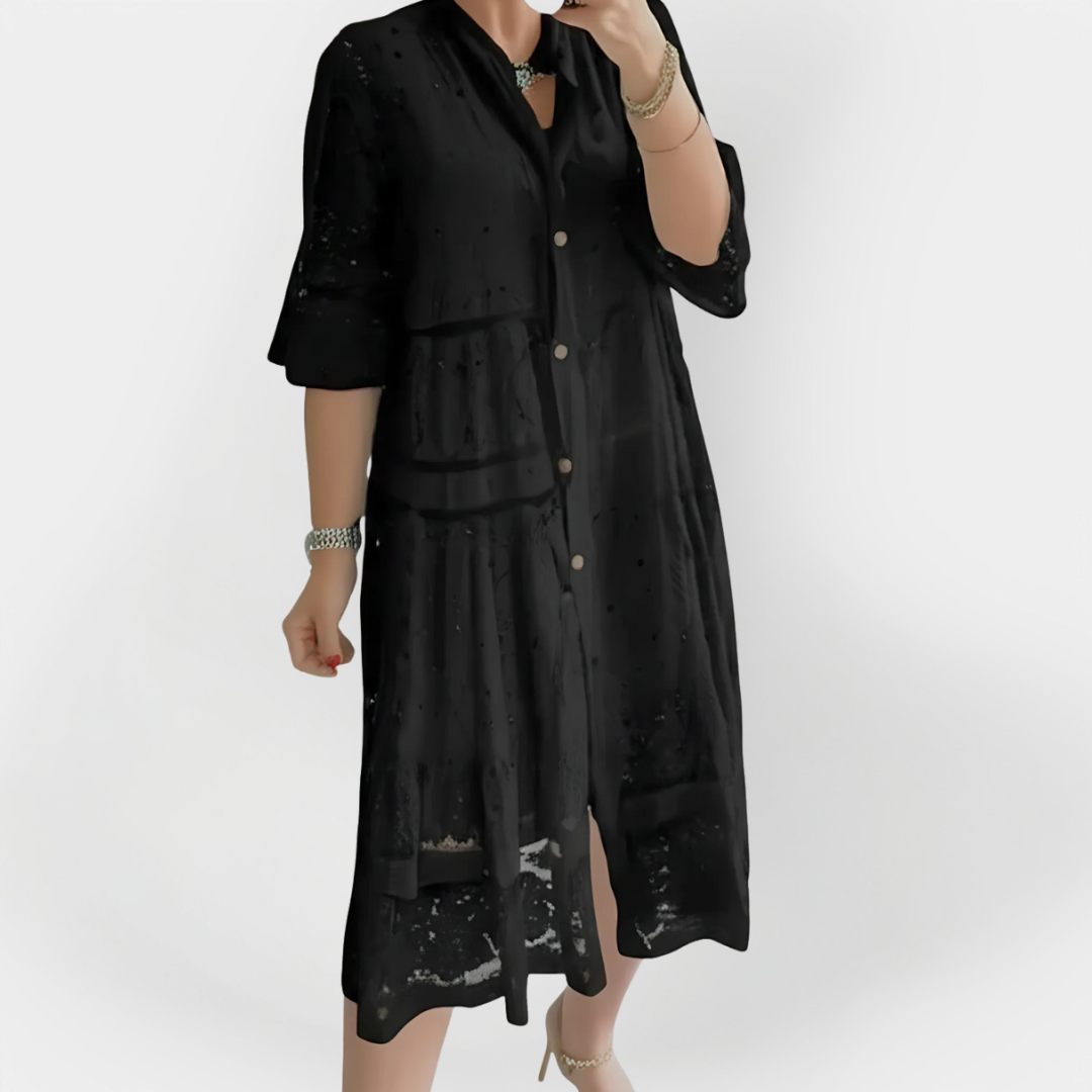 Dress with Lace, Sleeves, and Front Buttons