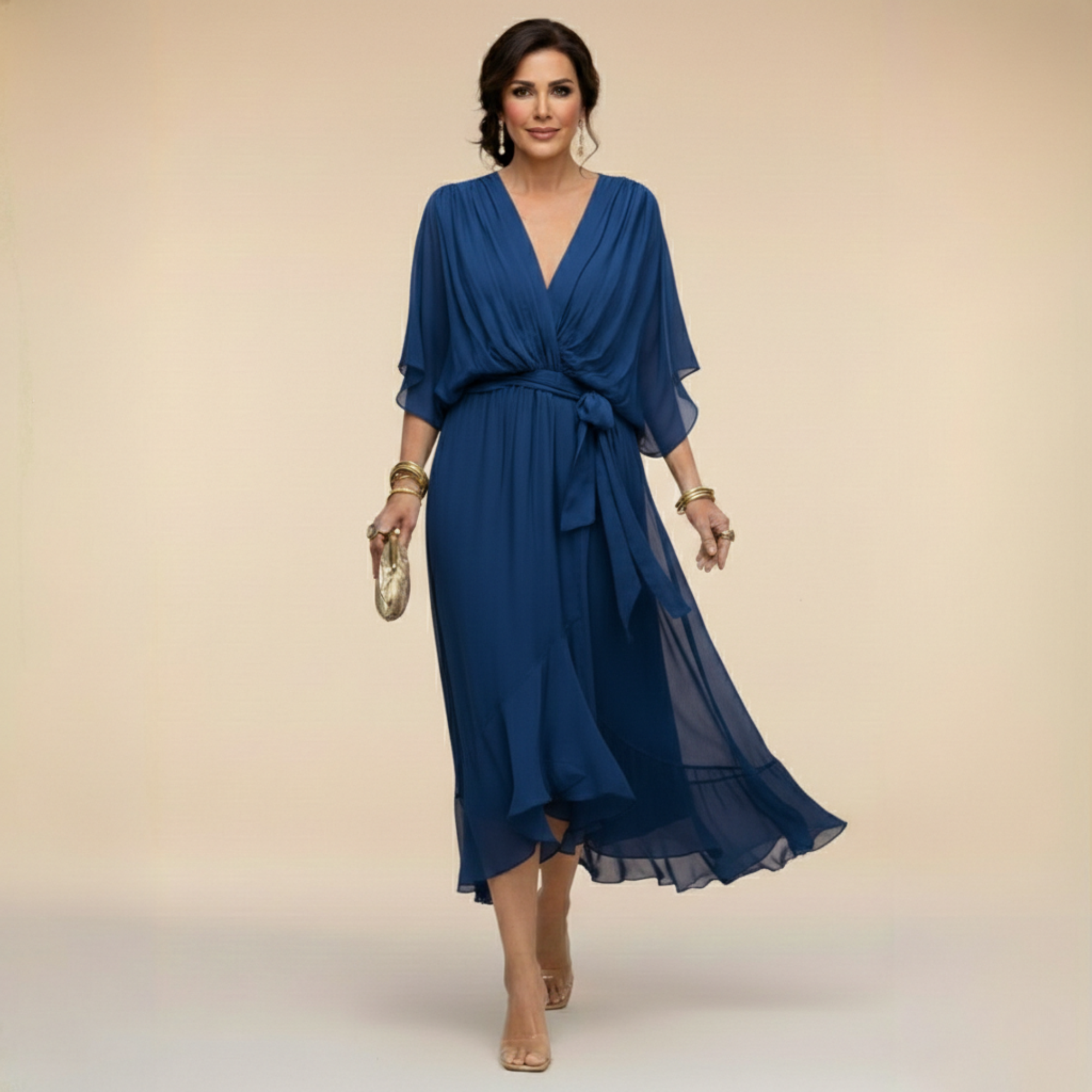 Celeste - Flowy Kimono Sleeve Wrap Midi Dress
