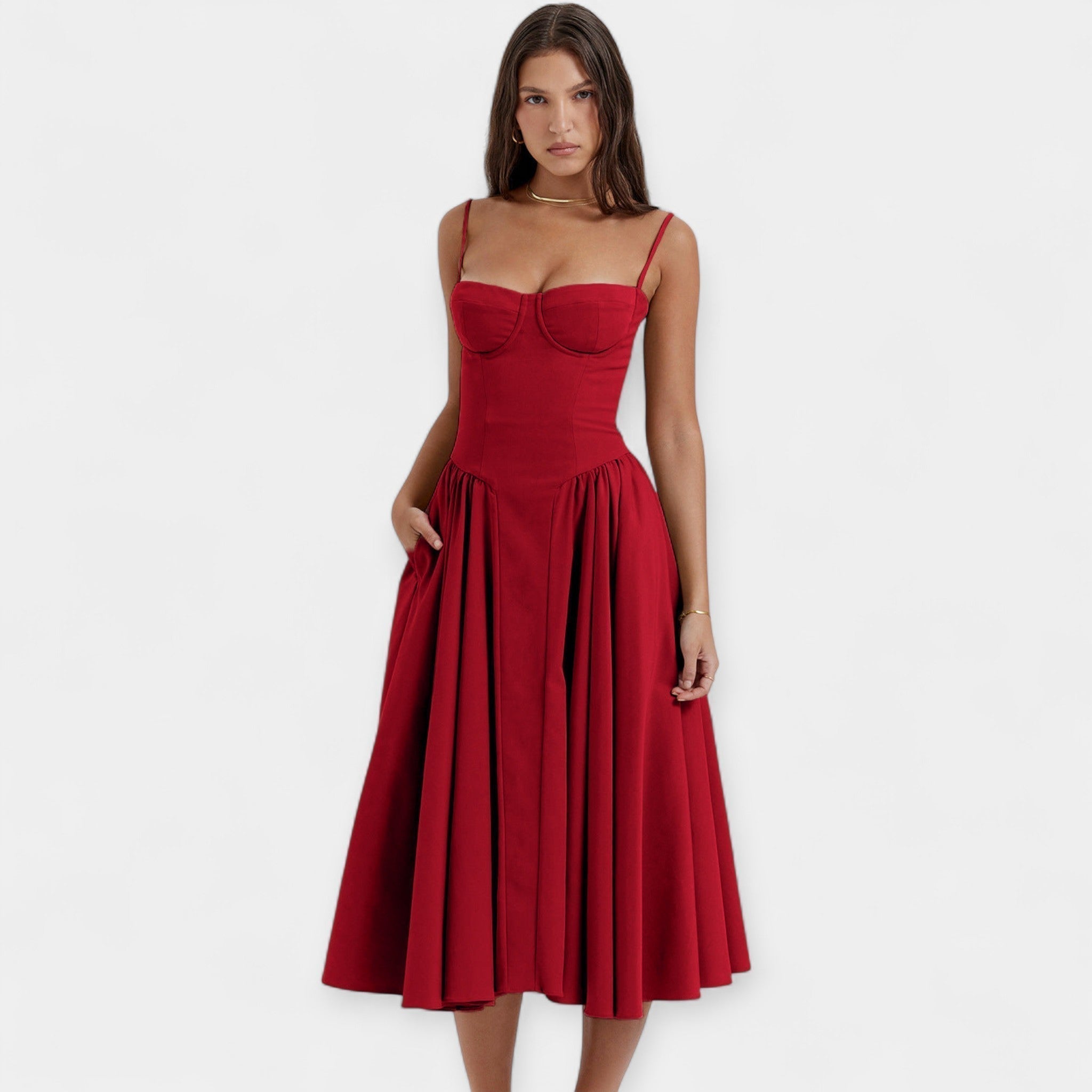 Retro Midi Dress with Thin Straps