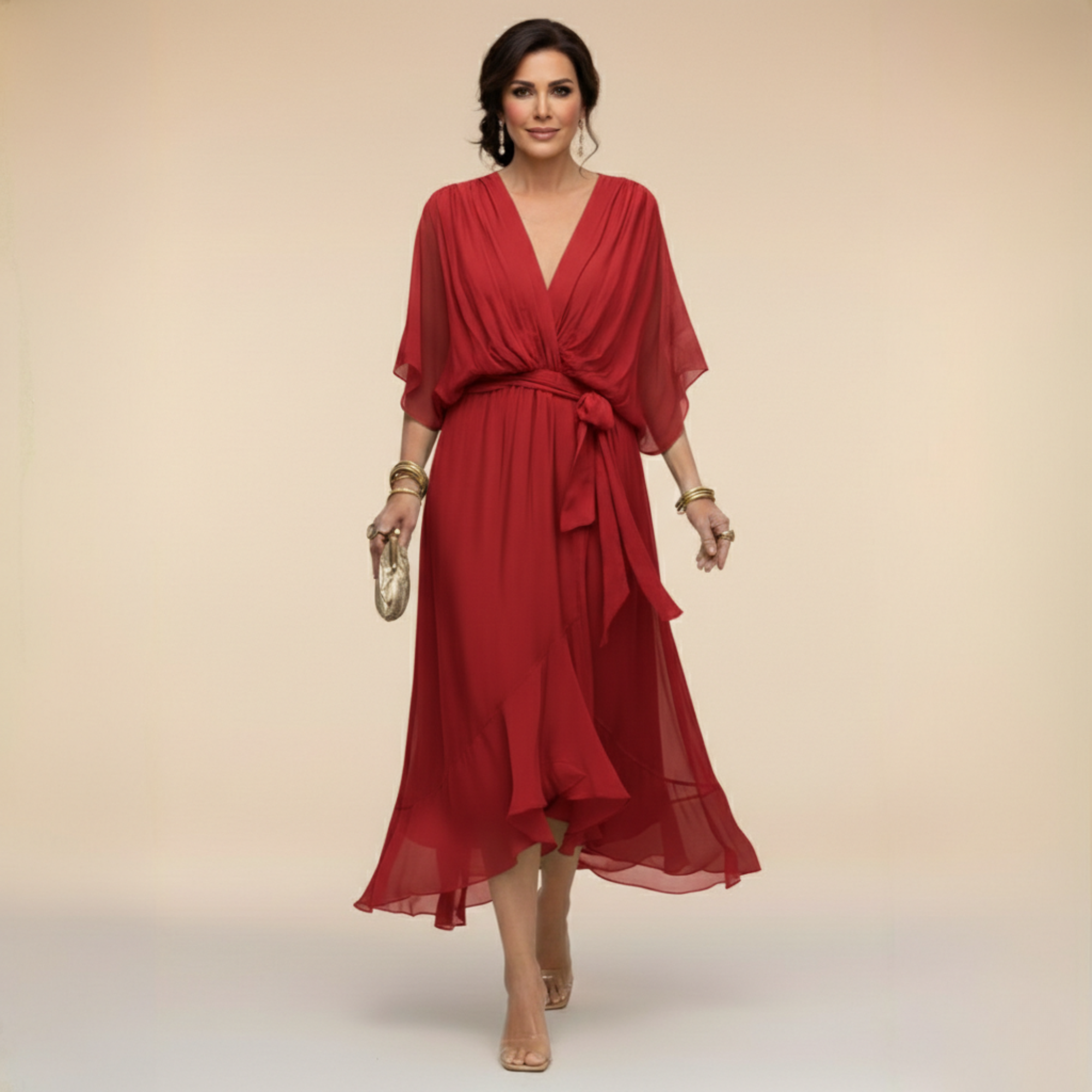 Celeste - Flowy Kimono Sleeve Wrap Midi Dress