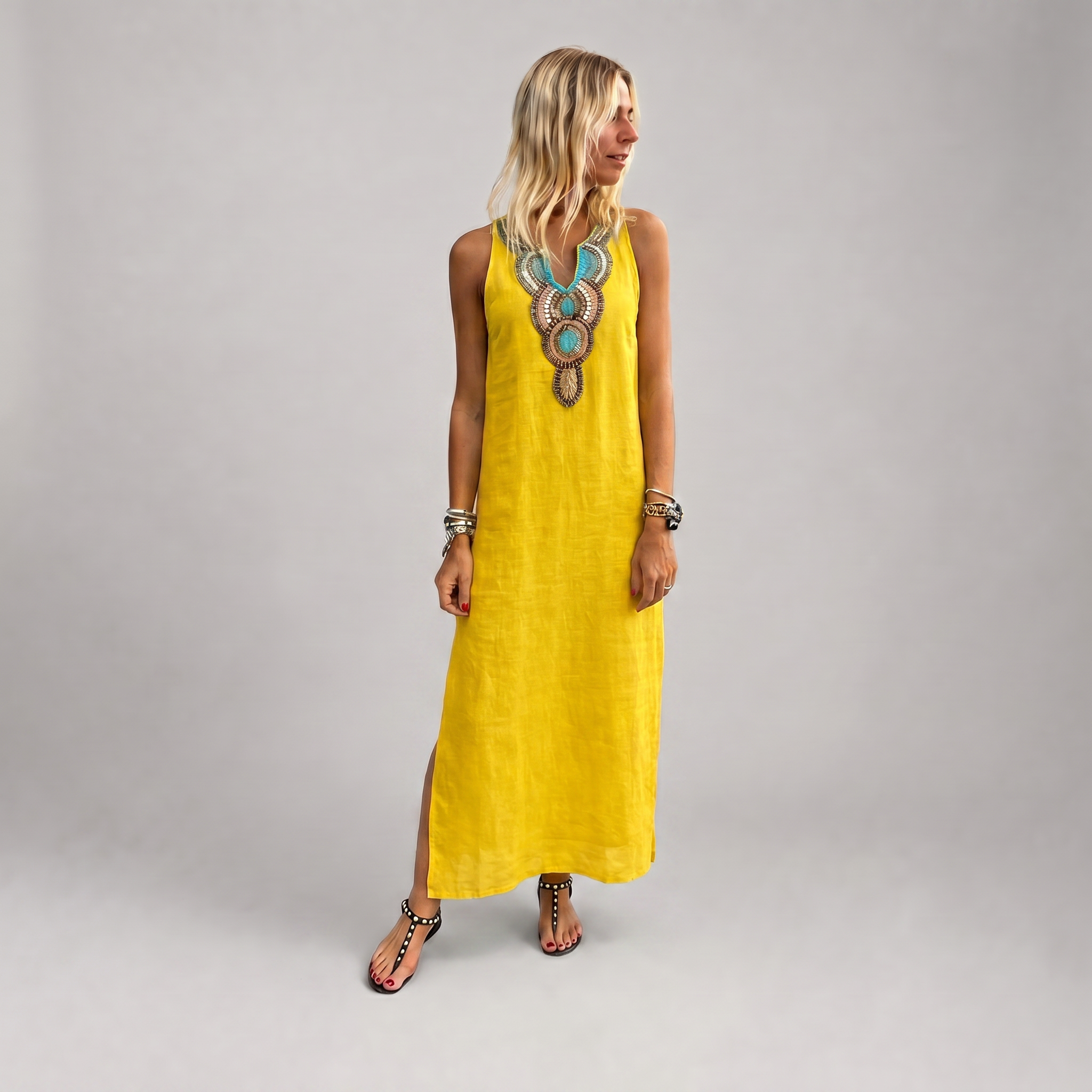 Linen V-Neck Maxi Dress with Side Slit