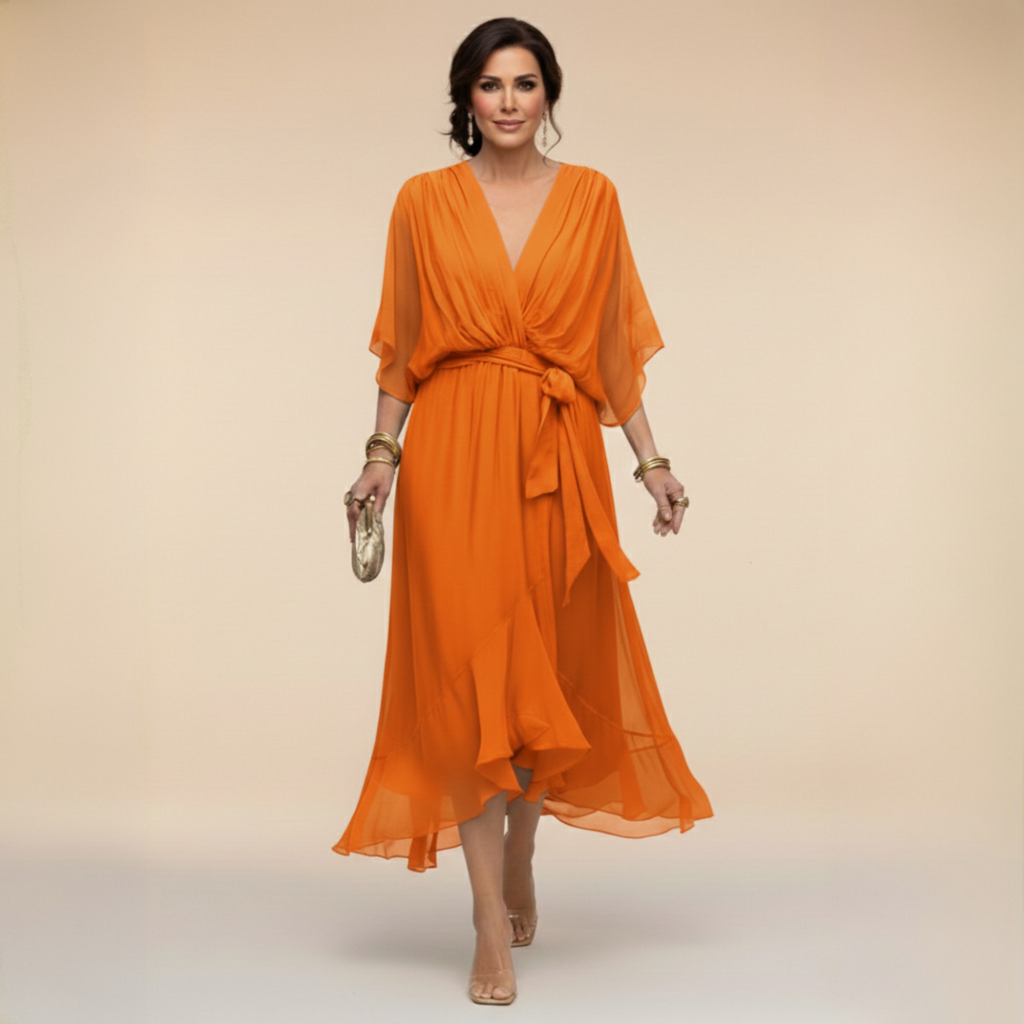Celeste - Flowy Kimono Sleeve Wrap Midi Dress