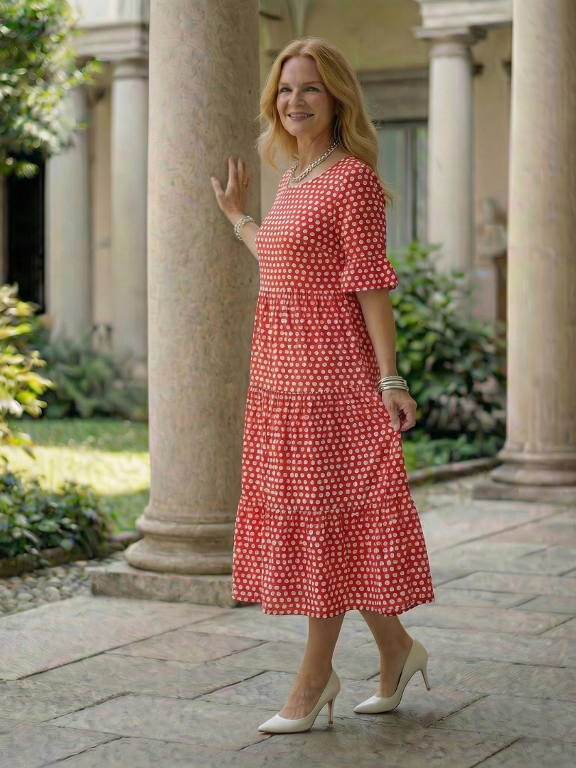 Arlo | Rochie Midi Cu Puncte, Stratificată, Mâneci Scurte
