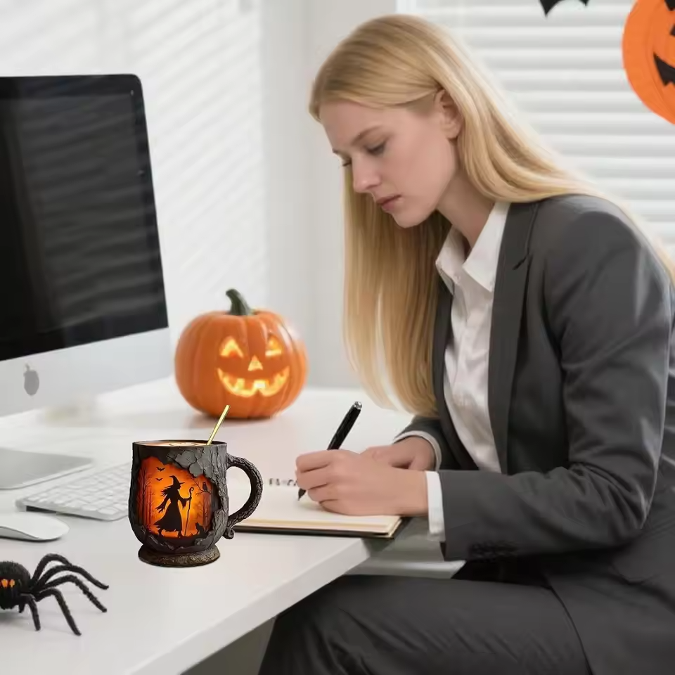 Cana Artisan 3D de Halloween cu Vrăjitoare și Pisică
