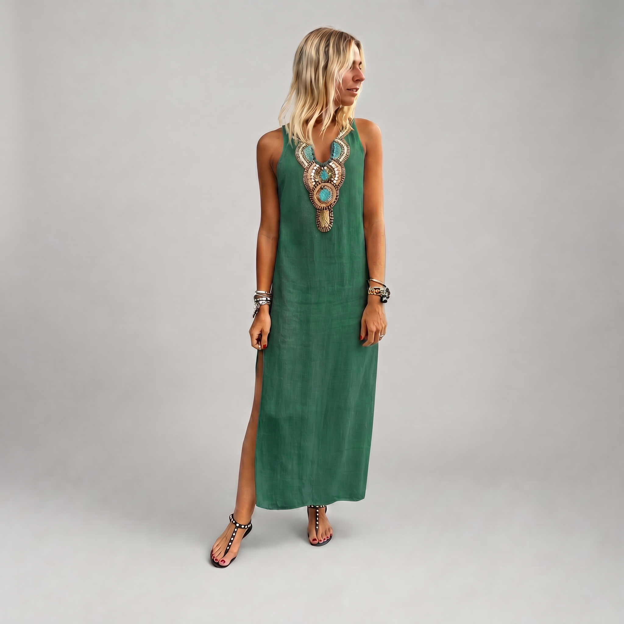 Linen V-Neck Maxi Dress with Side Slit