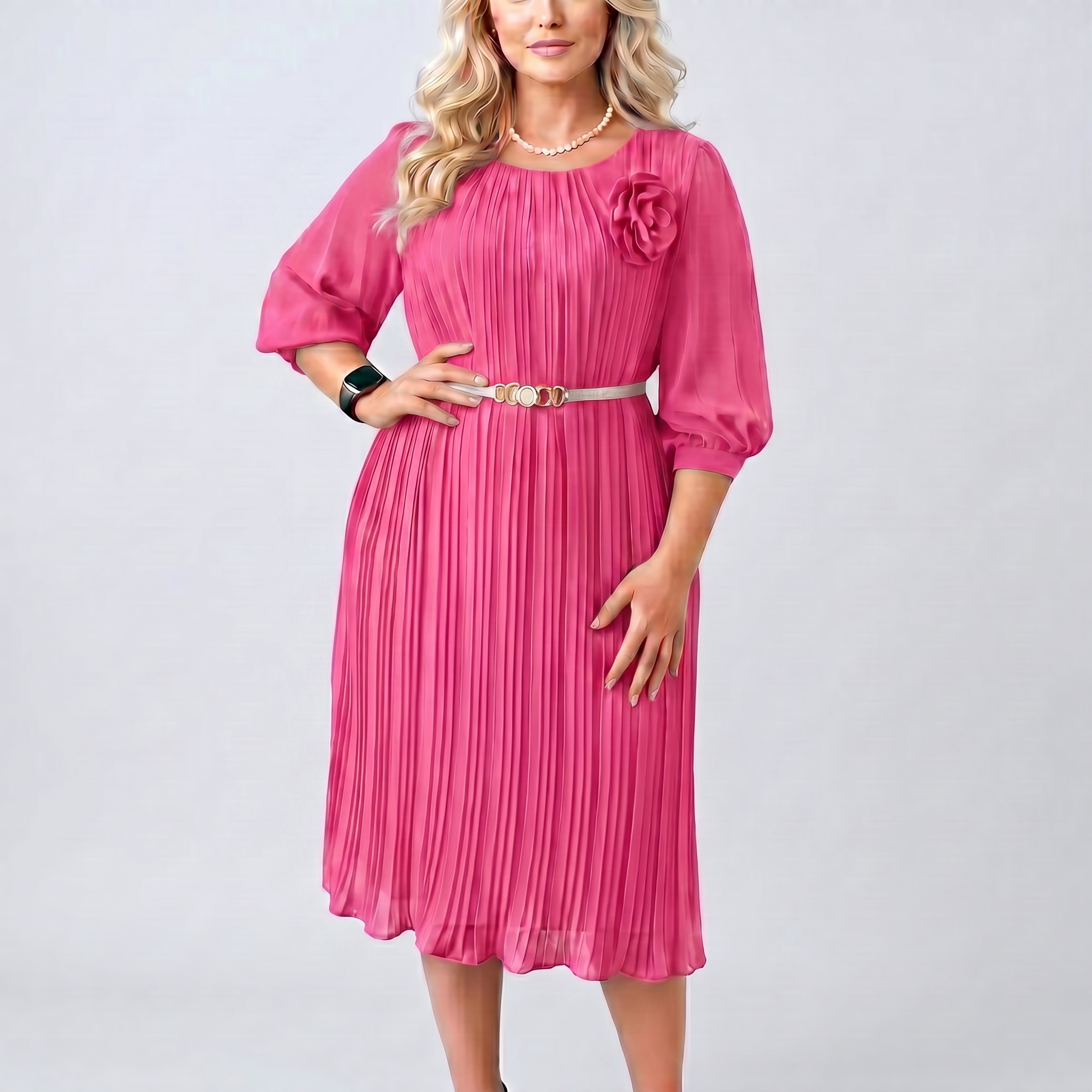 Pleated Midi Dress with Flower Brooch and Belt Detail