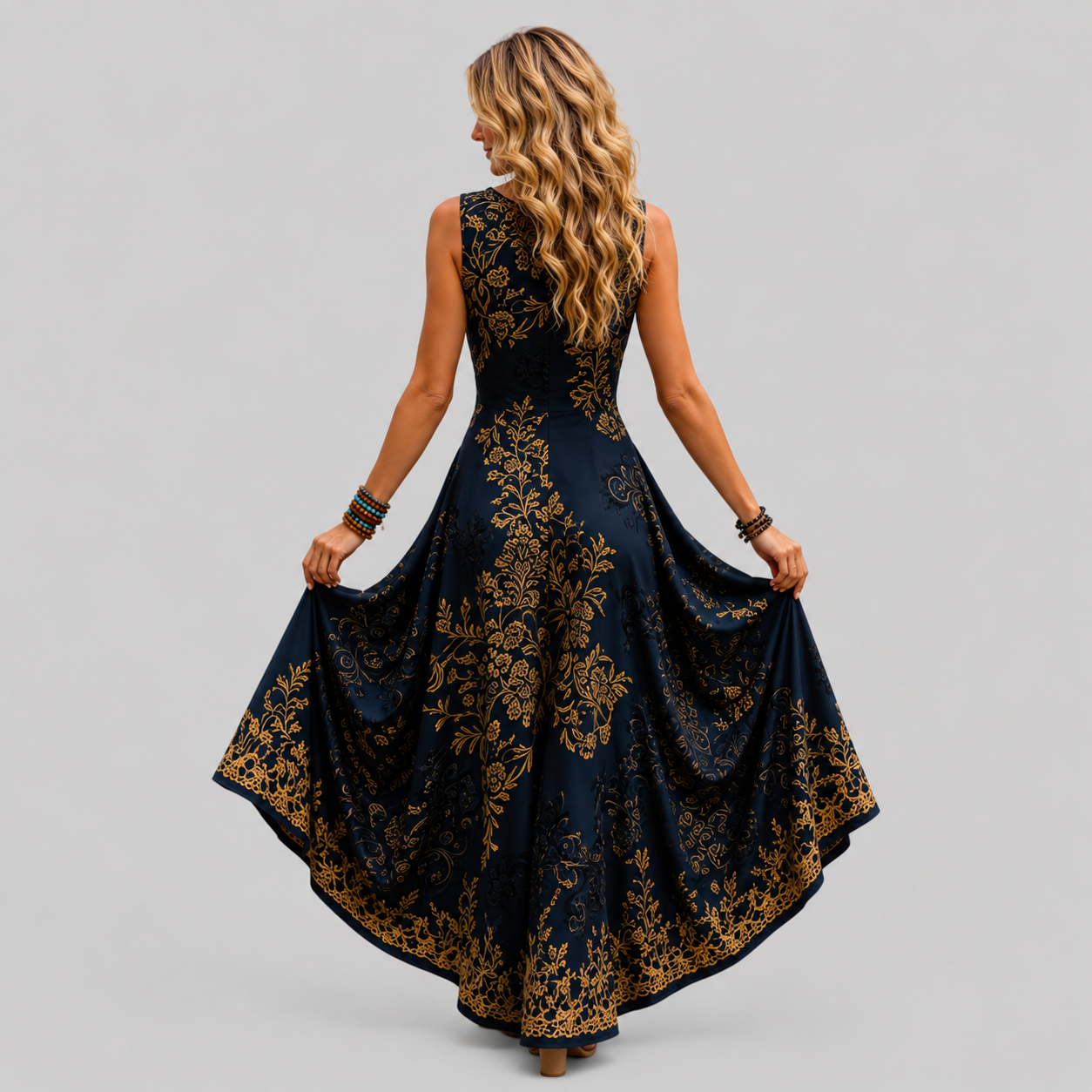 Embroidered Sleeveless Maxi Dress with Flowing Skirt