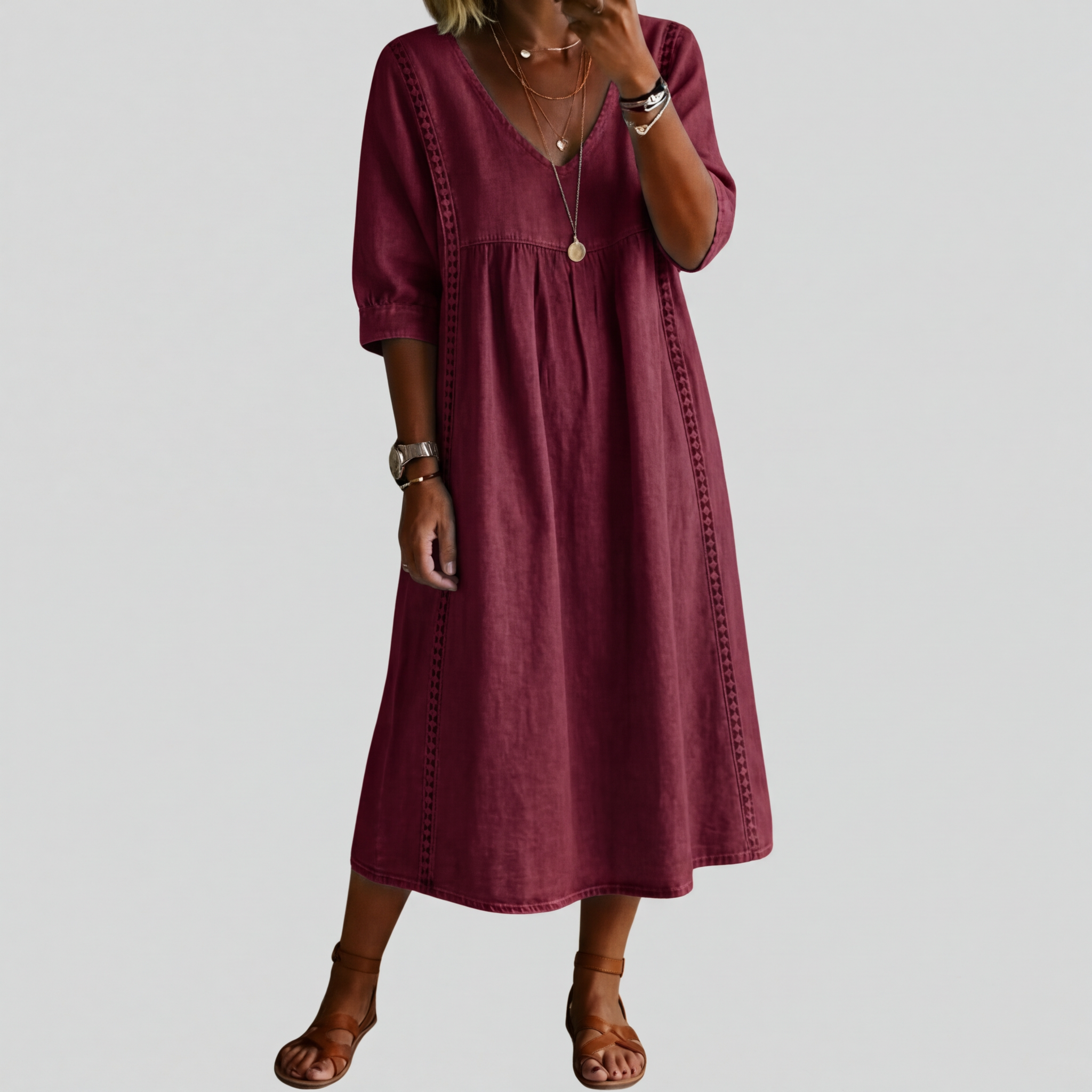 Elena – Elegant Lace Trim Dress in Cotton-Linen Blend