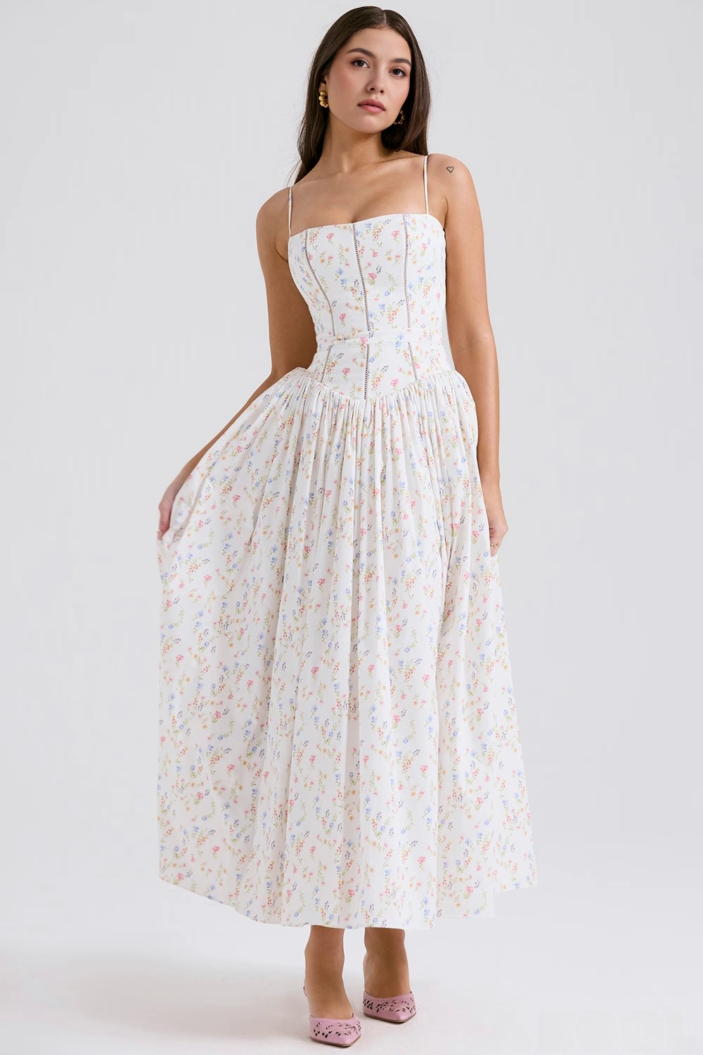 Maxi Dress with Thin Straps and Floral Pattern