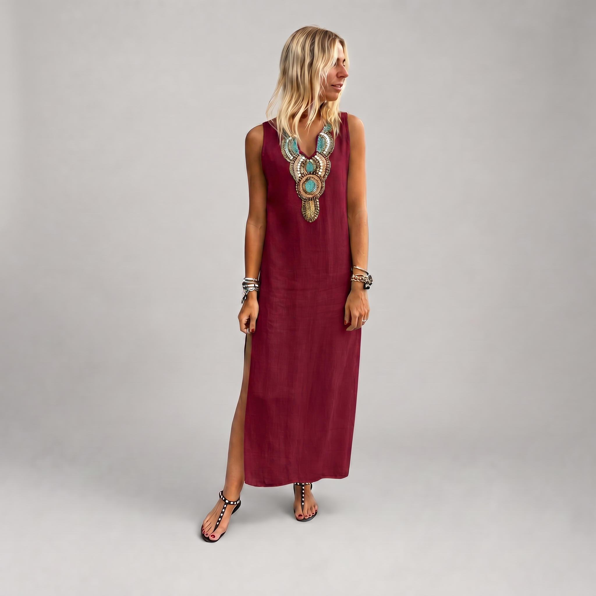 Linen V-Neck Maxi Dress with Side Slit