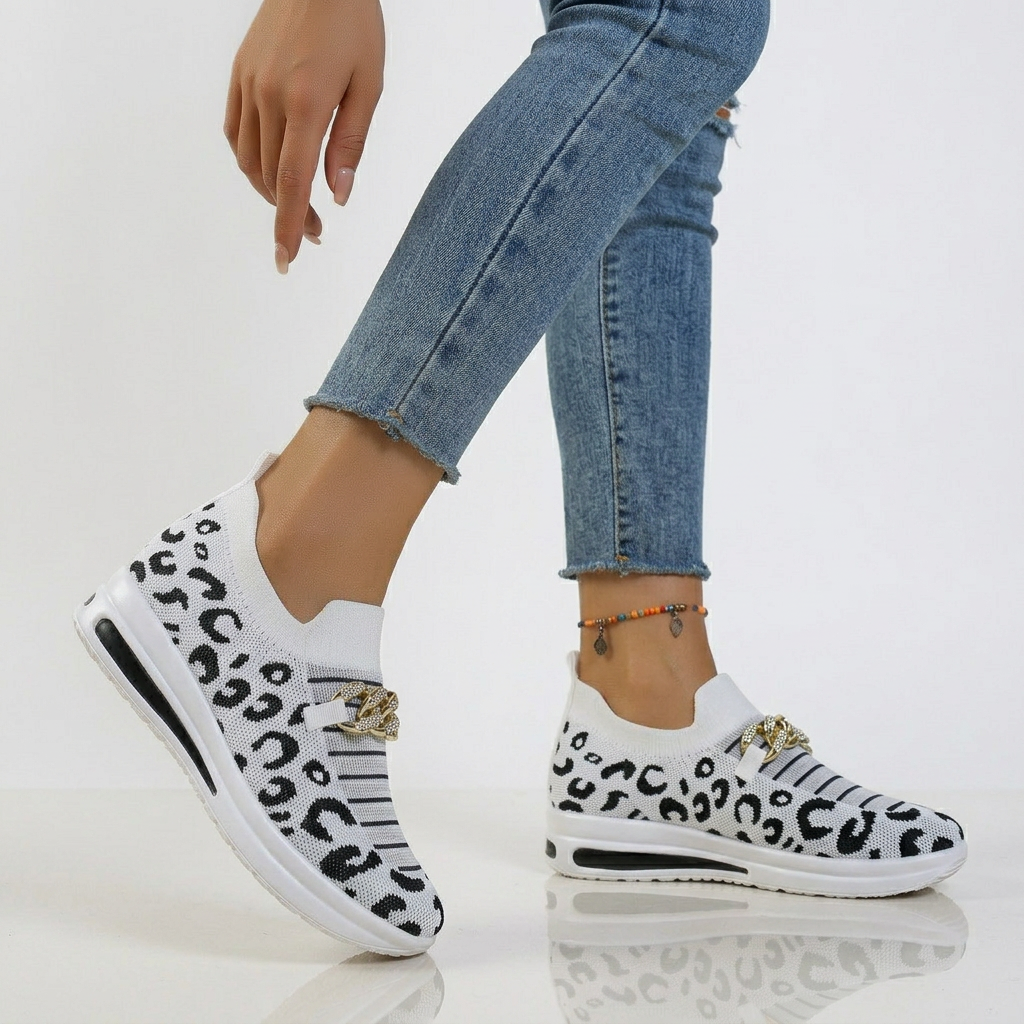 Stella - Leopard Print Slip-On Sneakers with Gold Chain Detail
