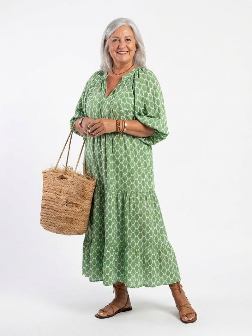 Apolline | Patterned V-Neck Three-Quarter Sleeve Midi Dress