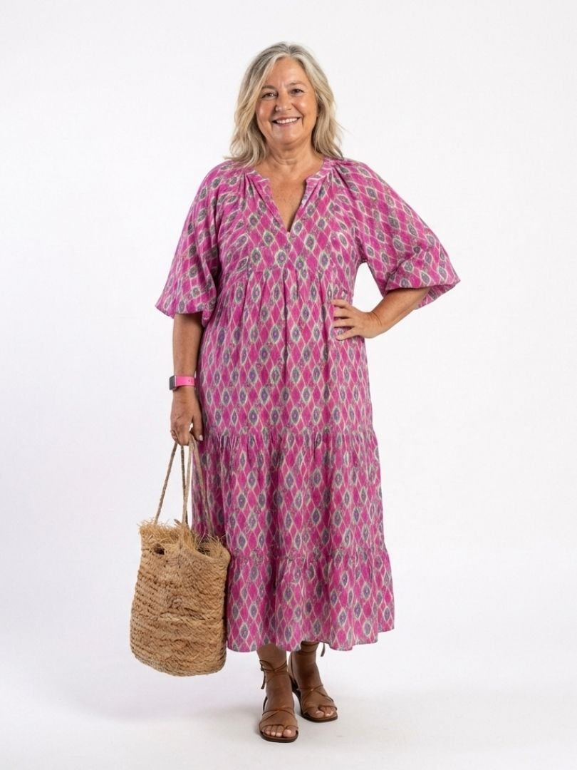 Apolline | Patterned V-Neck Three-Quarter Sleeve Midi Dress