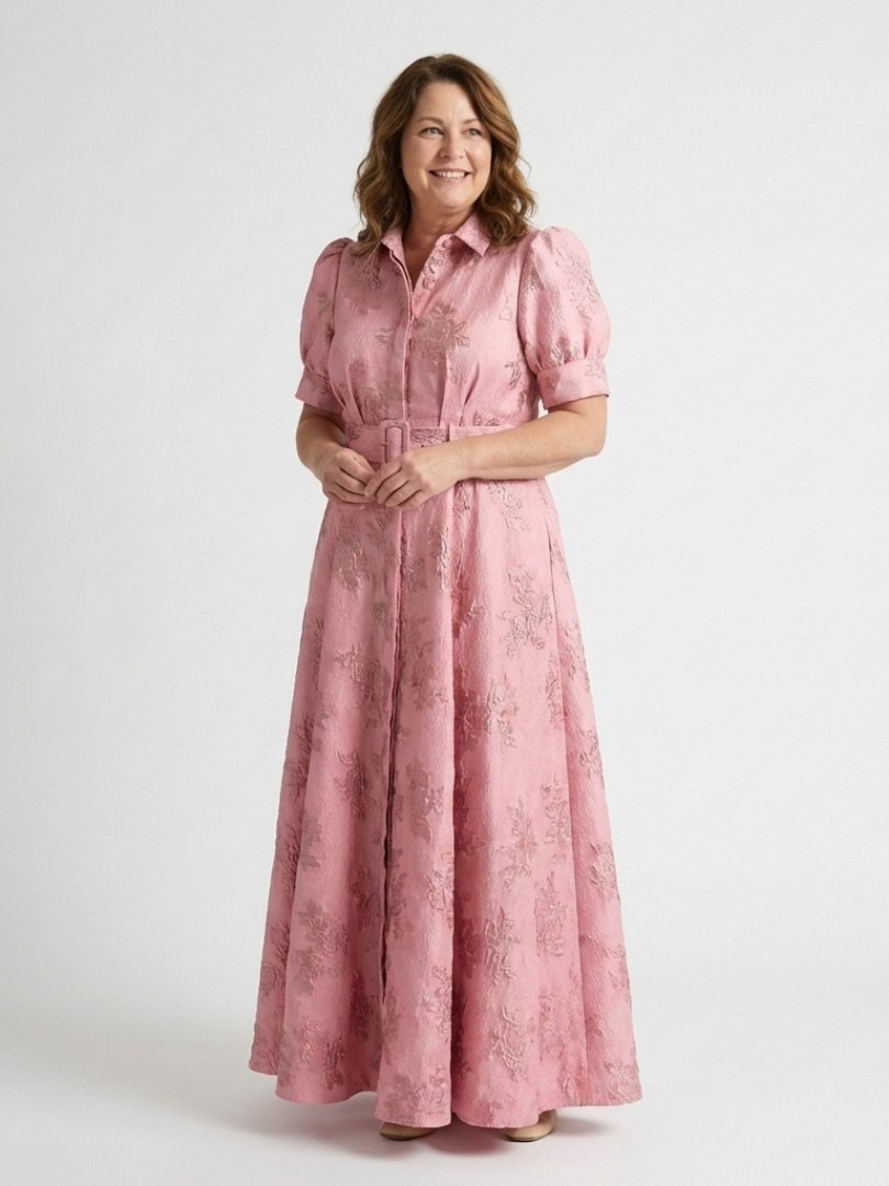 Xanthea | Belted Floral Texture Short Sleeve Maxi Dress