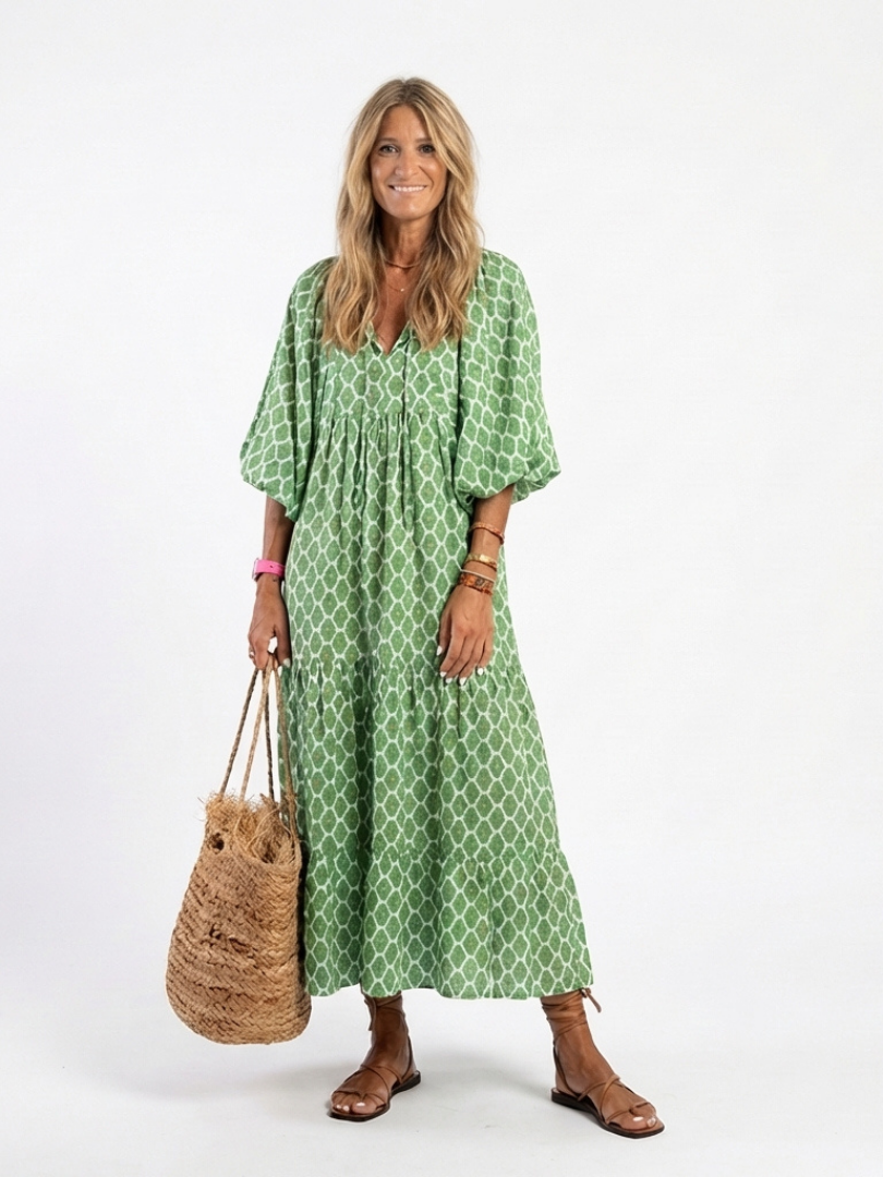 Apolline | Patterned V-Neck Three-Quarter Sleeve Midi Dress