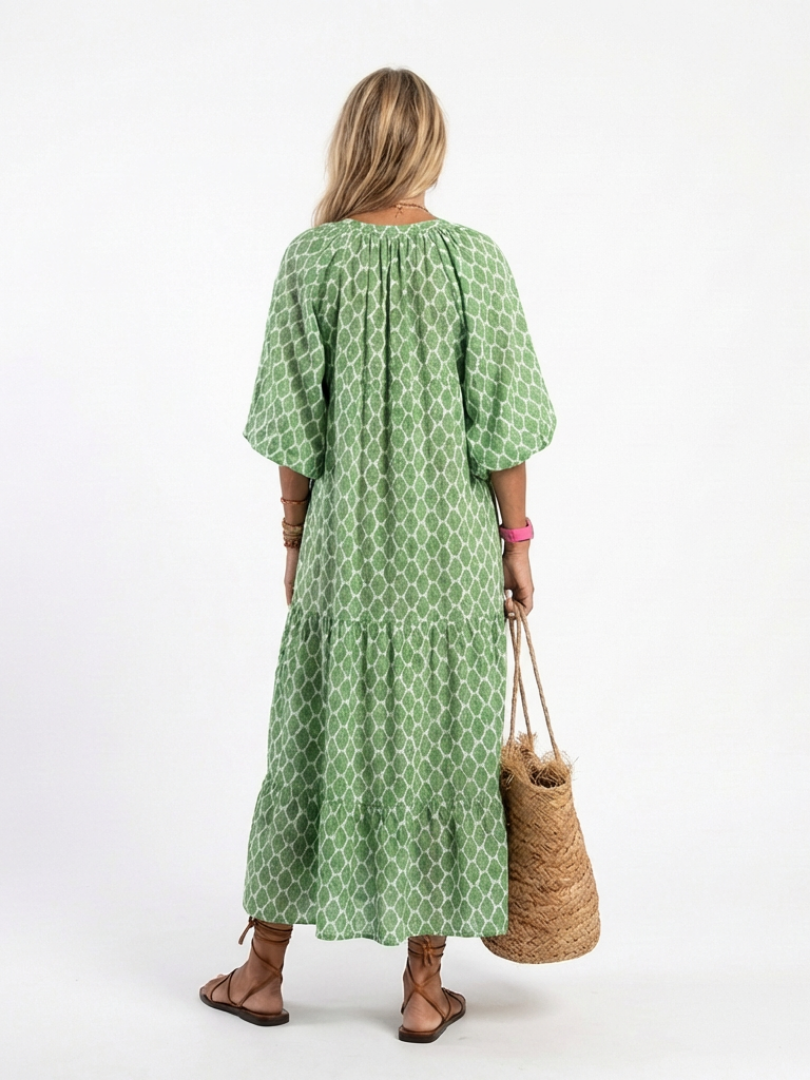 Apolline | Patterned V-Neck Three-Quarter Sleeve Midi Dress