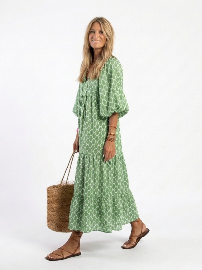 Apolline | Patterned V-Neck Three-Quarter Sleeve Midi Dress
