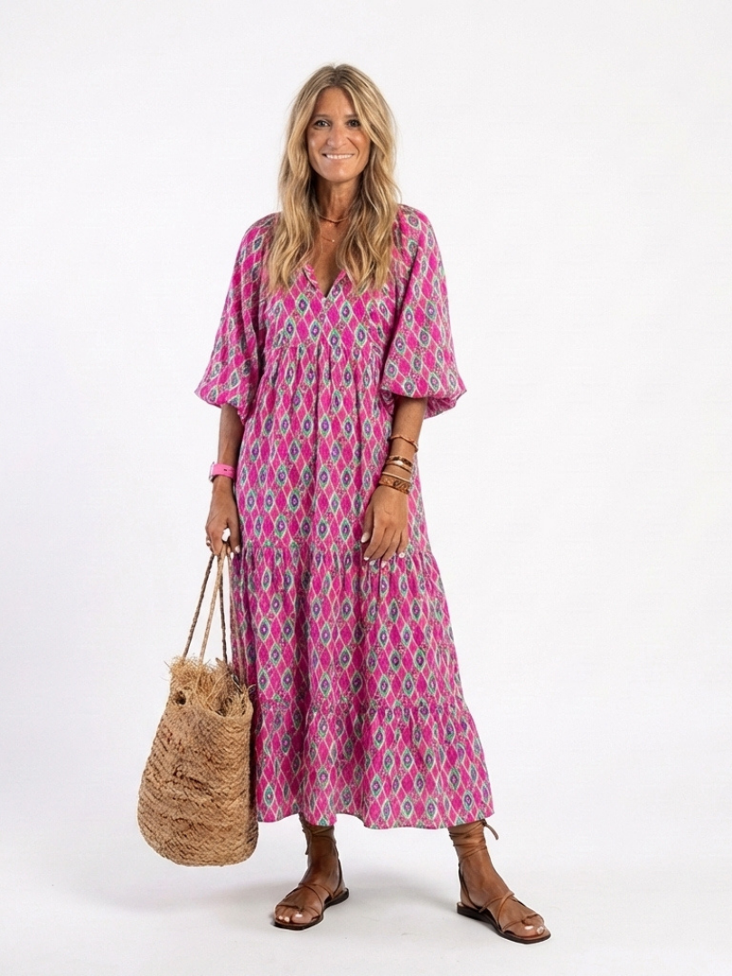 Apolline | Patterned V-Neck Three-Quarter Sleeve Midi Dress
