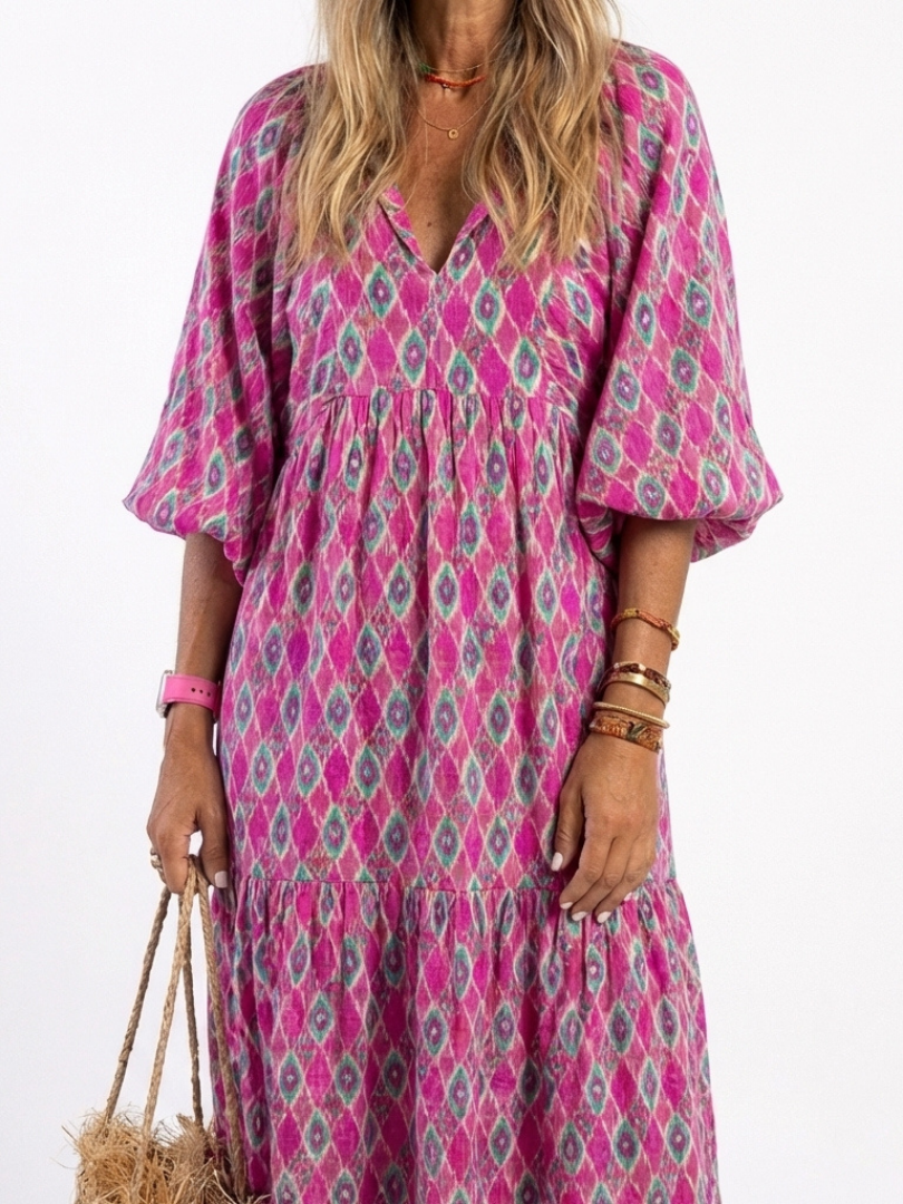 Apolline | Patterned V-Neck Three-Quarter Sleeve Midi Dress