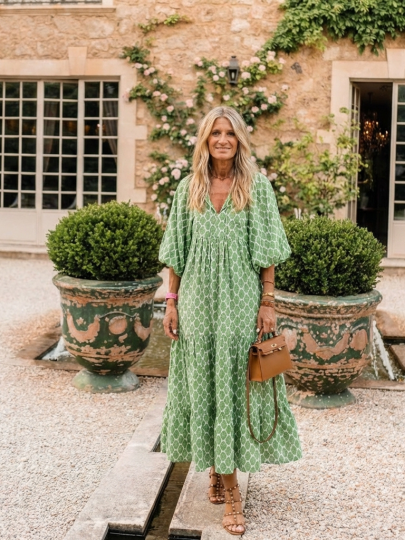 Apolline | Patterned V-Neck Three-Quarter Sleeve Midi Dress