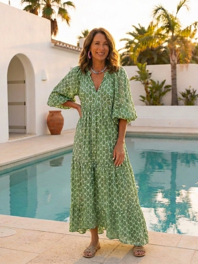 Apolline | Patterned V-Neck Three-Quarter Sleeve Midi Dress