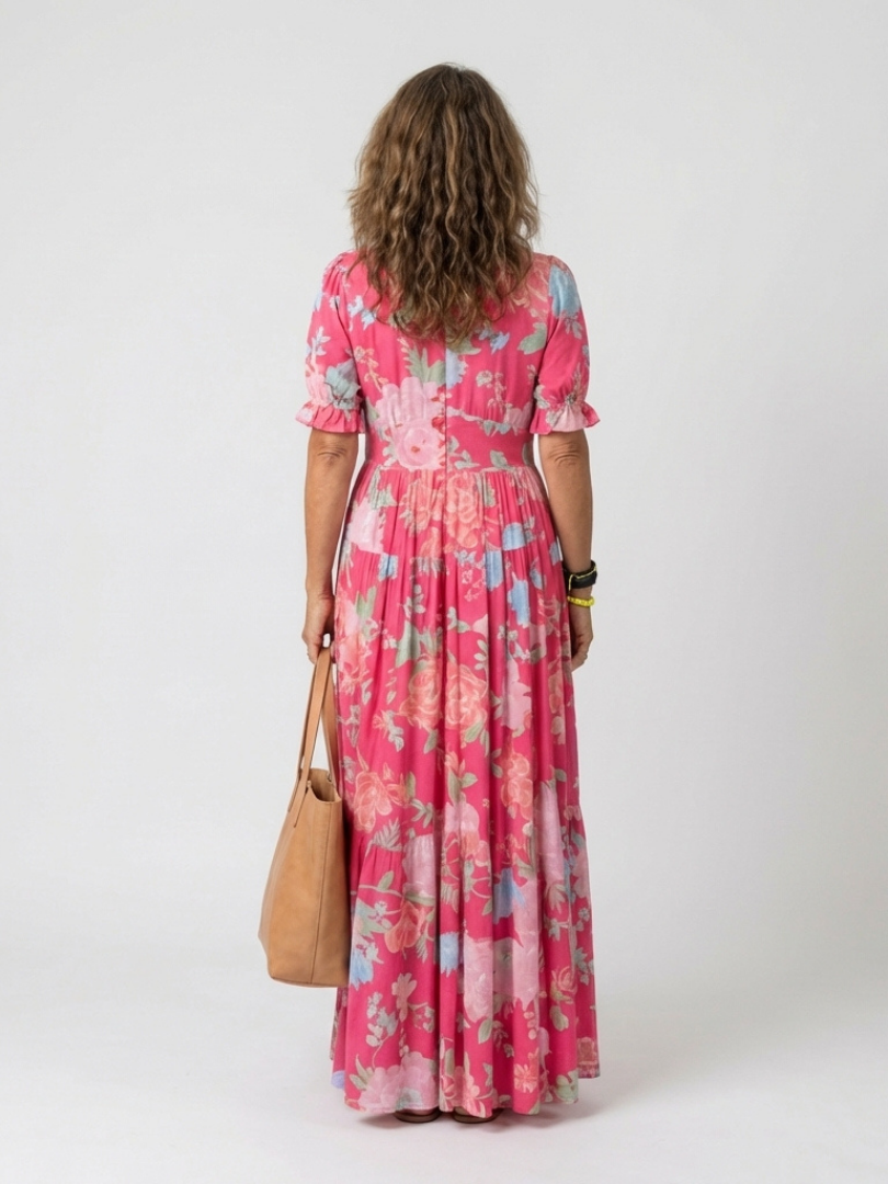 Ione | Floral V-Neck Short Sleeve Midi Dress