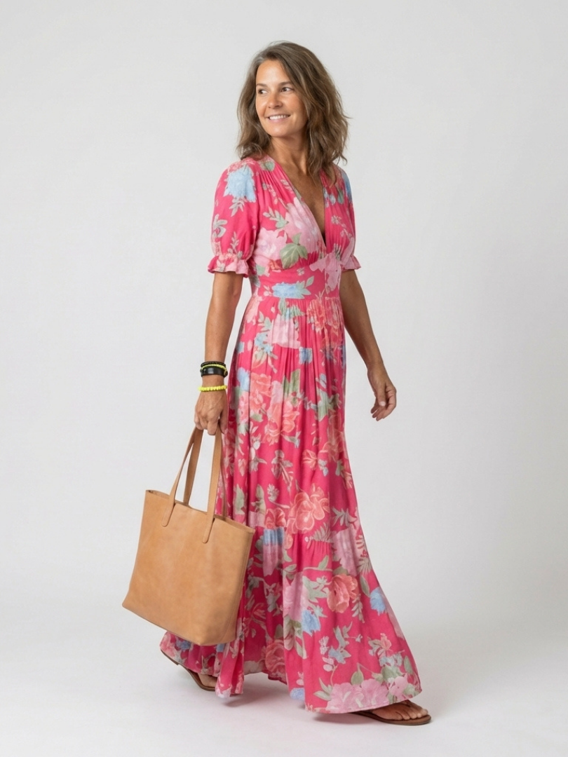 Ione | Floral V-Neck Short Sleeve Midi Dress
