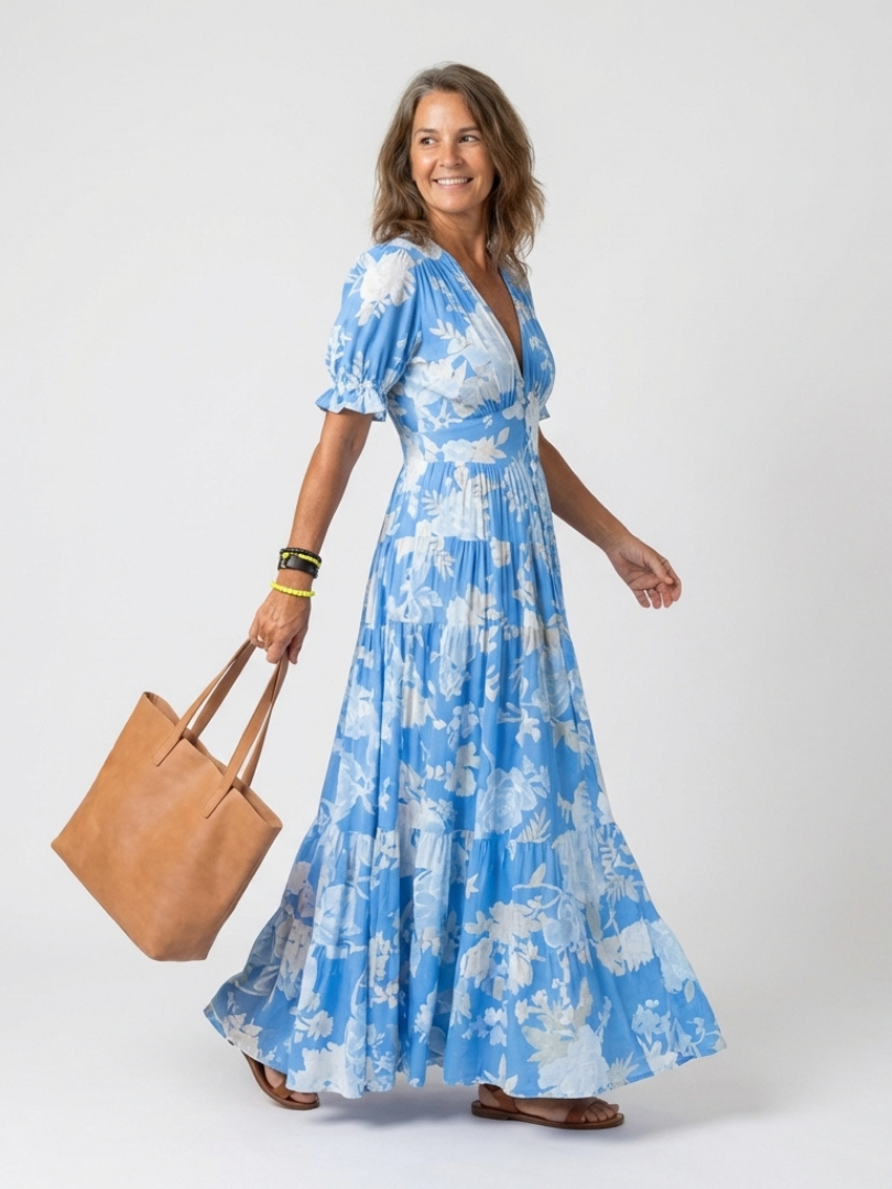 Ione | Floral V-Neck Short Sleeve Midi Dress