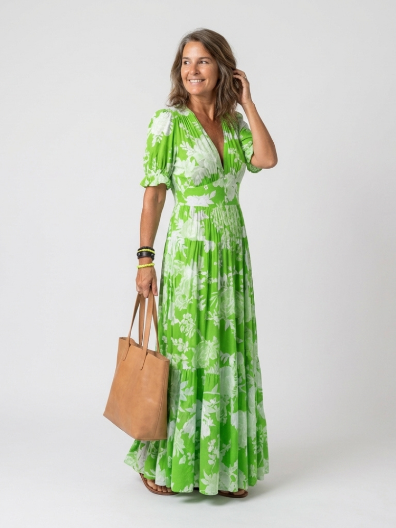 Ione | Floral V-Neck Short Sleeve Midi Dress
