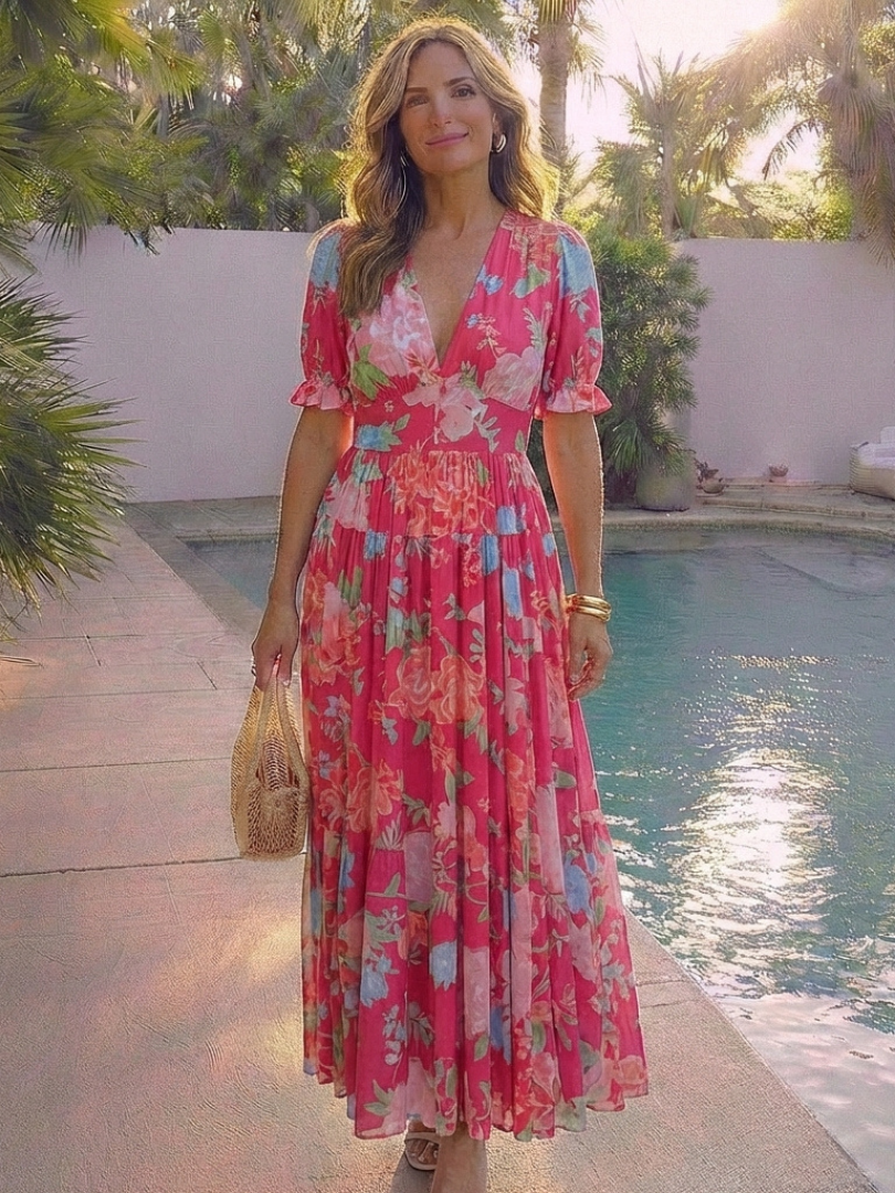 Ione | Floral V-Neck Short Sleeve Midi Dress