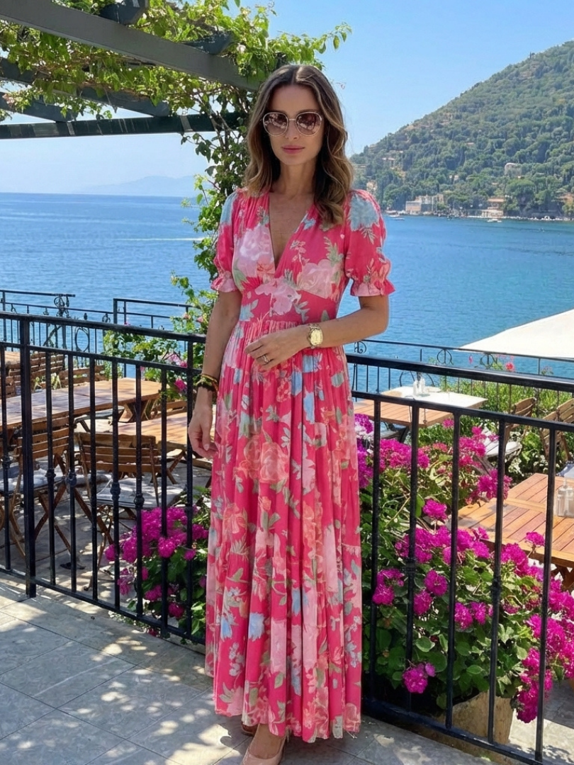 Ione | Floral V-Neck Short Sleeve Midi Dress