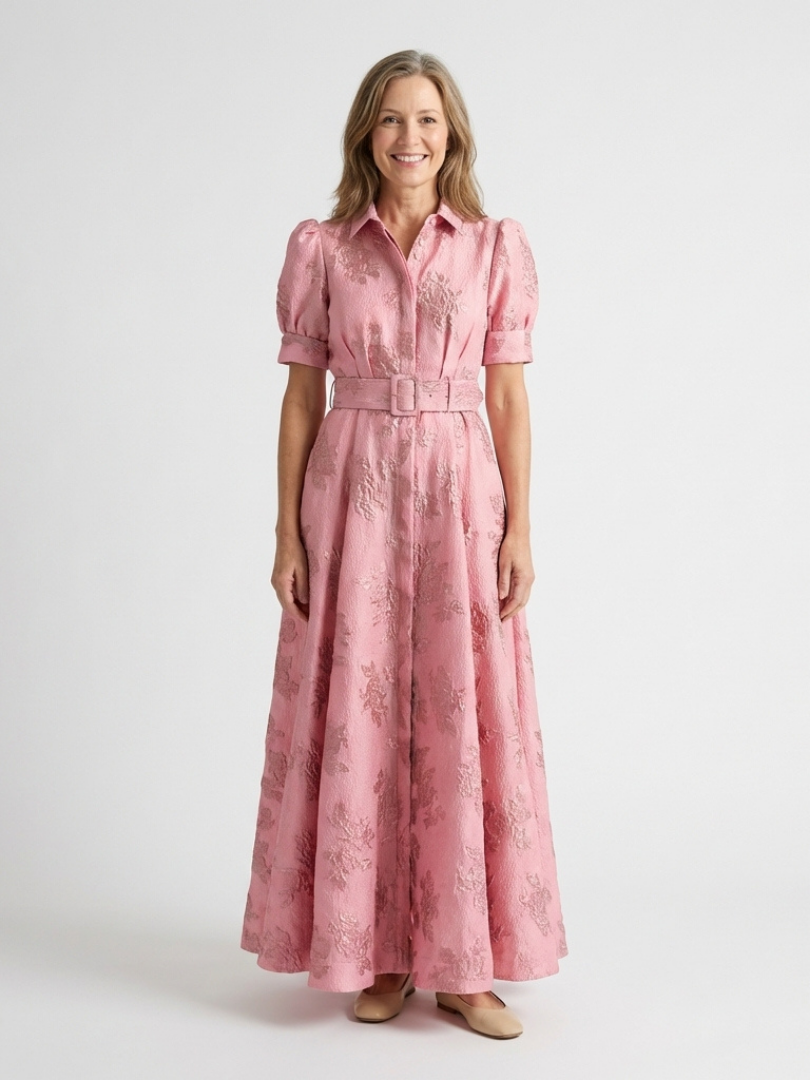 Xanthea | Belted Floral Texture Short Sleeve Maxi Dress