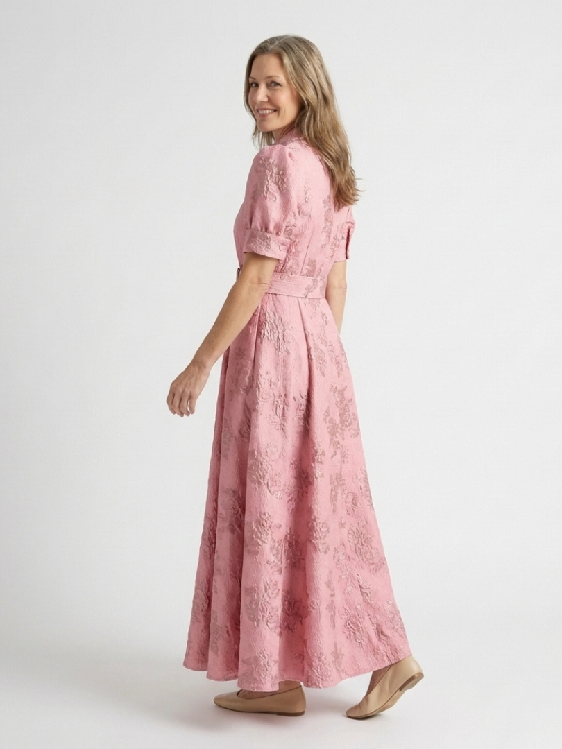 Xanthea | Belted Floral Texture Short Sleeve Maxi Dress