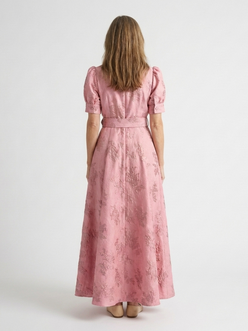 Xanthea | Belted Floral Texture Short Sleeve Maxi Dress