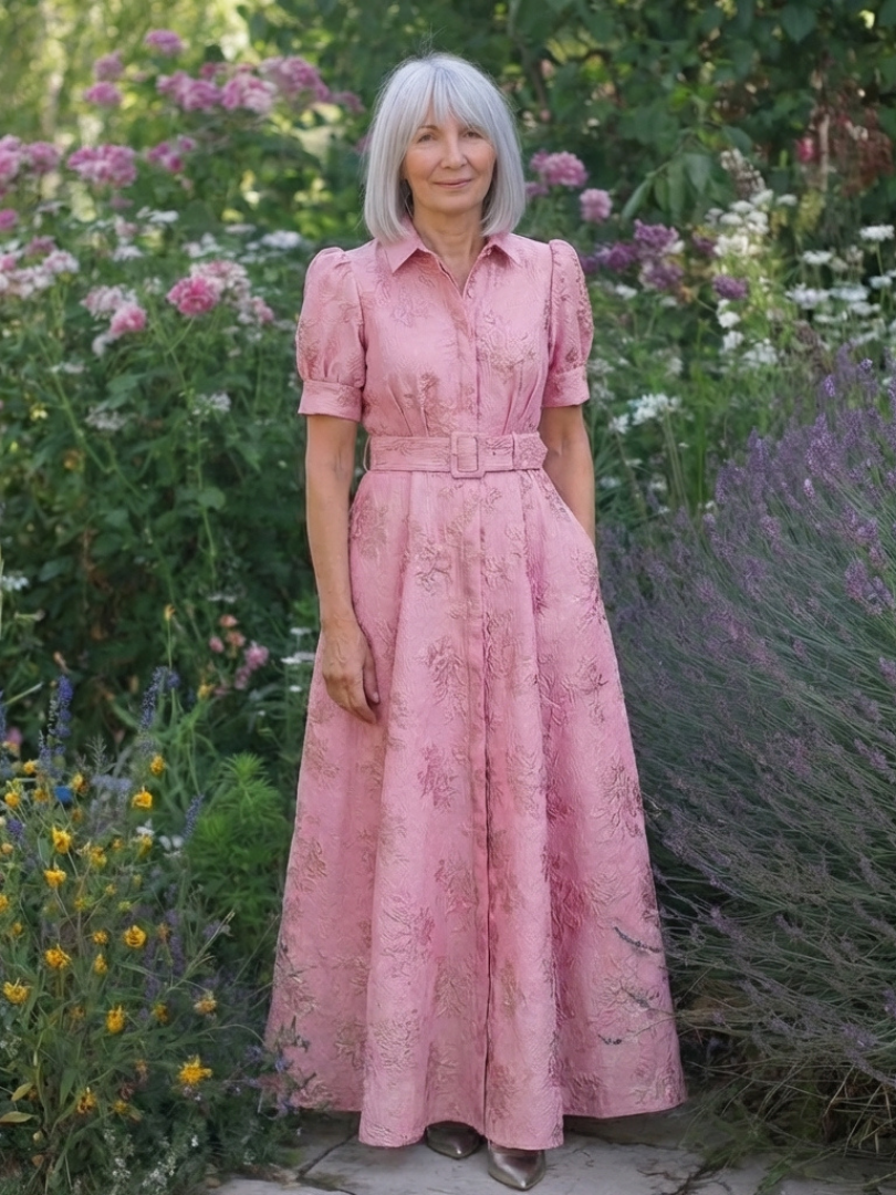 Xanthea | Belted Floral Texture Short Sleeve Maxi Dress