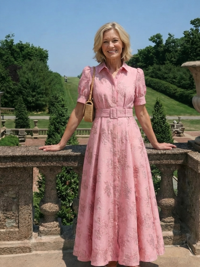 Xanthea | Belted Floral Texture Short Sleeve Maxi Dress