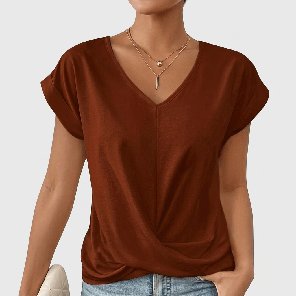 V-neck and short-sleeved blouse