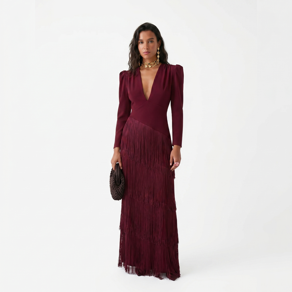 Tiered Fringe Maxi Dress with Long Sleeves and V-Neckline