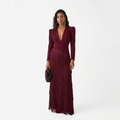 Tiered Fringe Maxi Dress with Long Sleeves and V-Neckline
