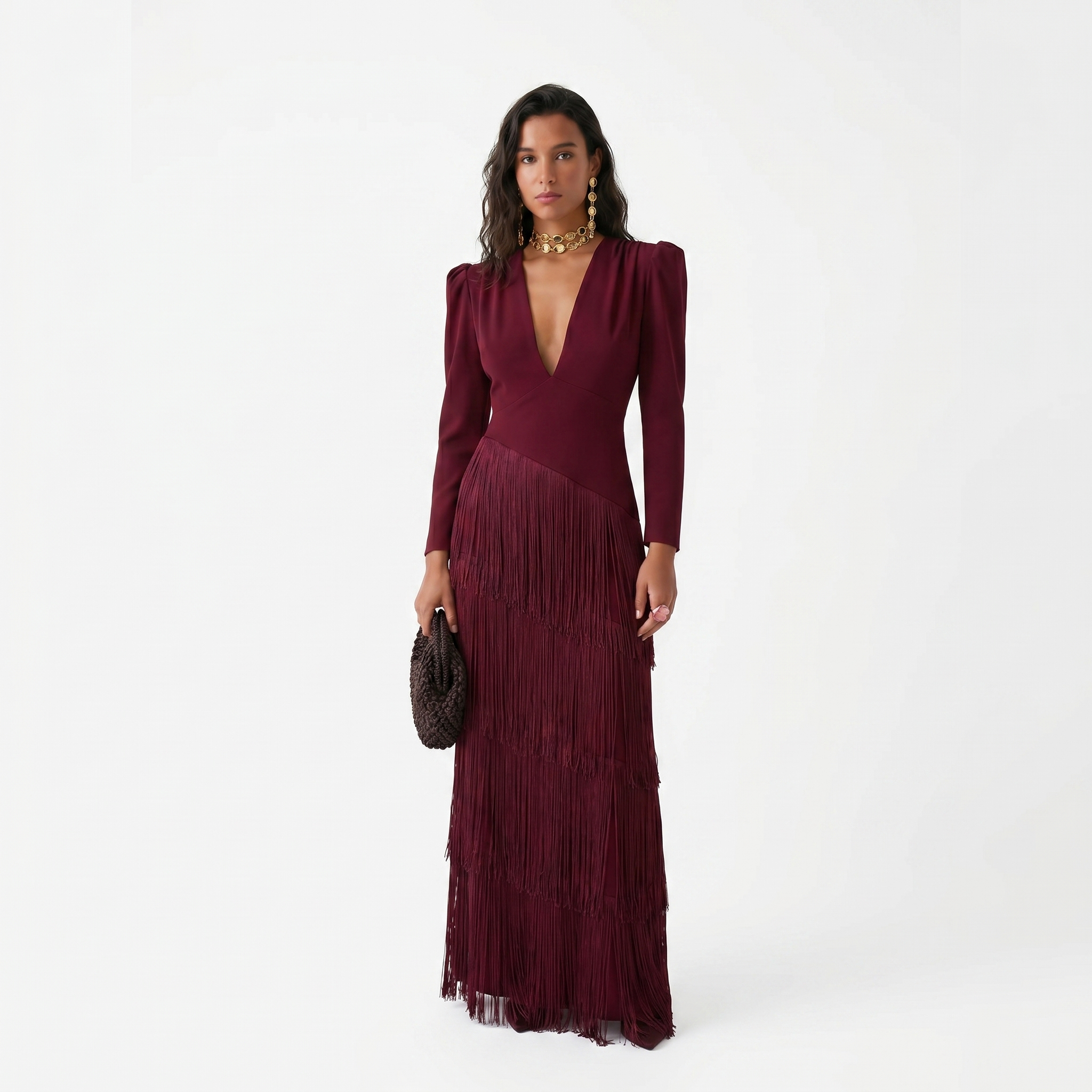 Tiered Fringe Maxi Dress with Long Sleeves and V-Neckline