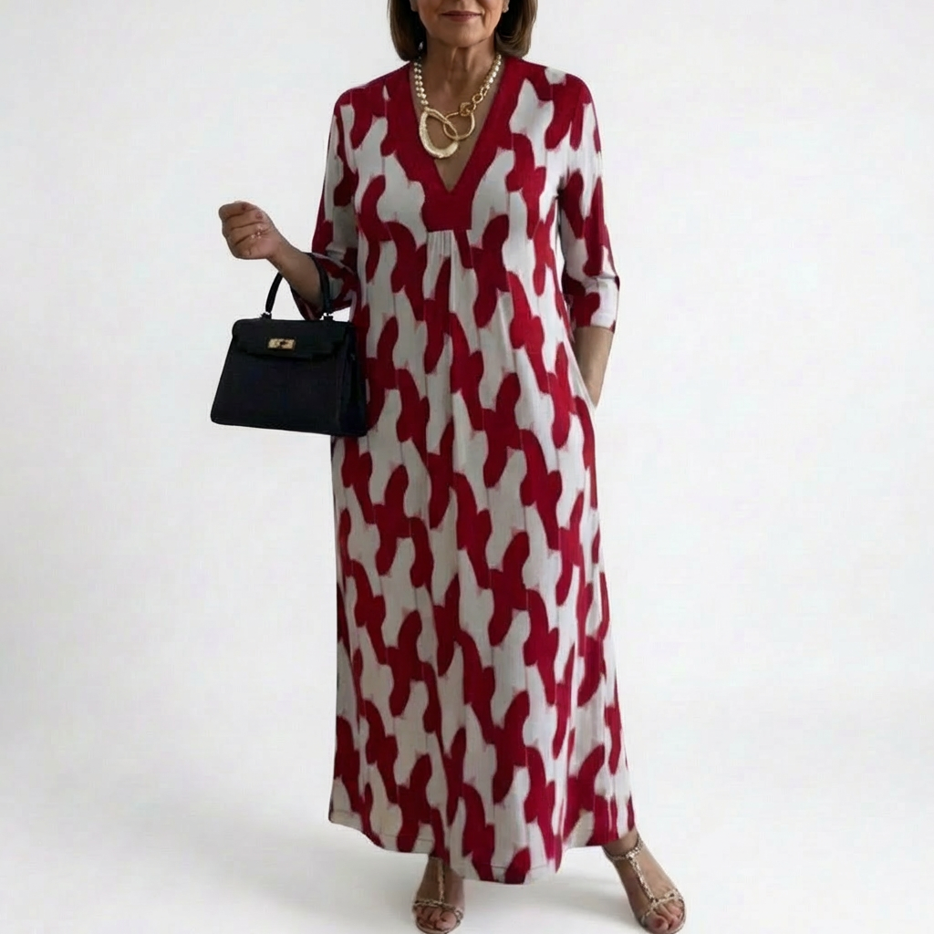 Liorenna Women's Dress | V-Neck + Printed Loose-Fit Long Dress