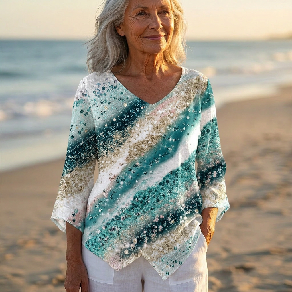 Luna - V-Neck Asymmetric Blouse | Teal Stardust