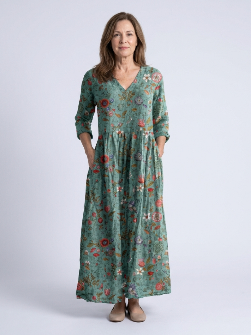 Marina | Floral V-Neck Three-Quarter Sleeve Maxi Dress