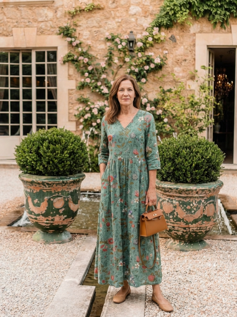 Marina | Floral V-Neck Three-Quarter Sleeve Maxi Dress